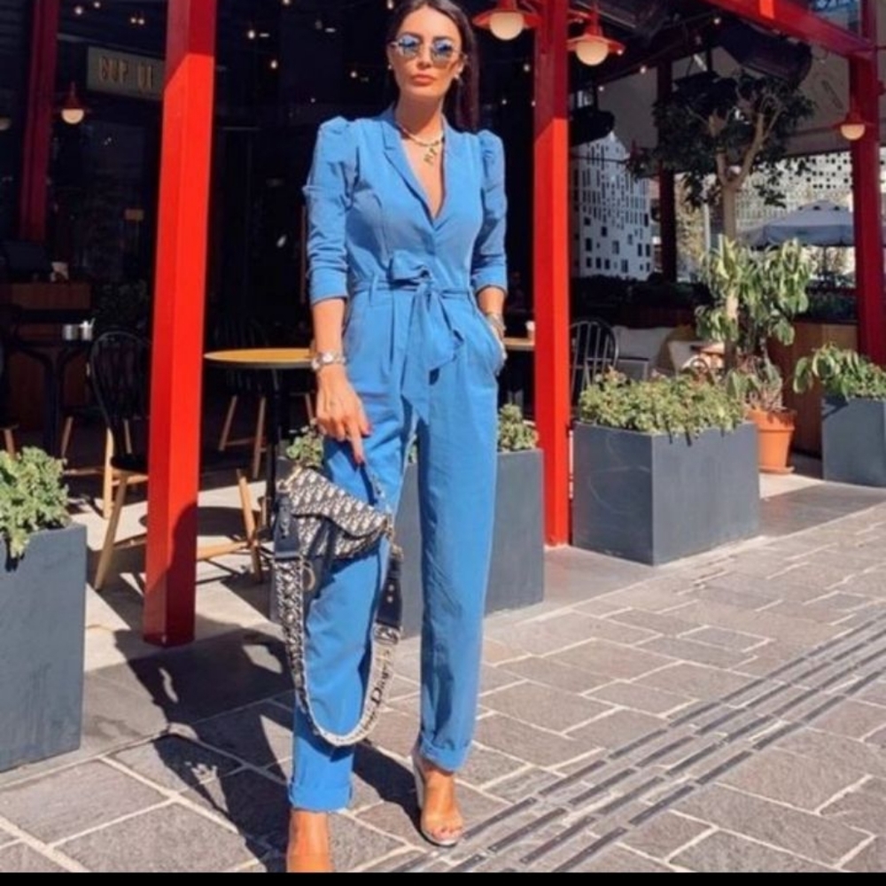 Zara blue blazer shirt chambray jumpsuit L